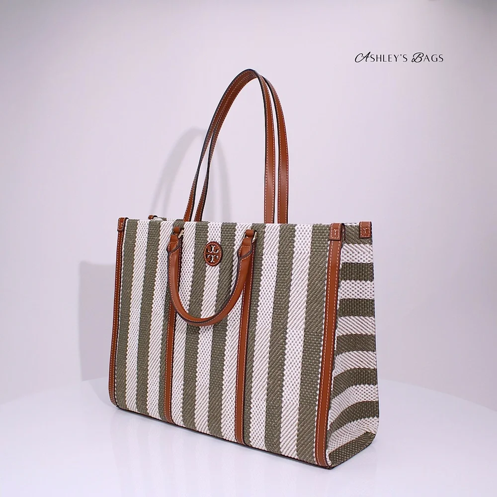 Tory Burch Blake Jumbo Striped Tote In Grove Green - Picture 3 of 8